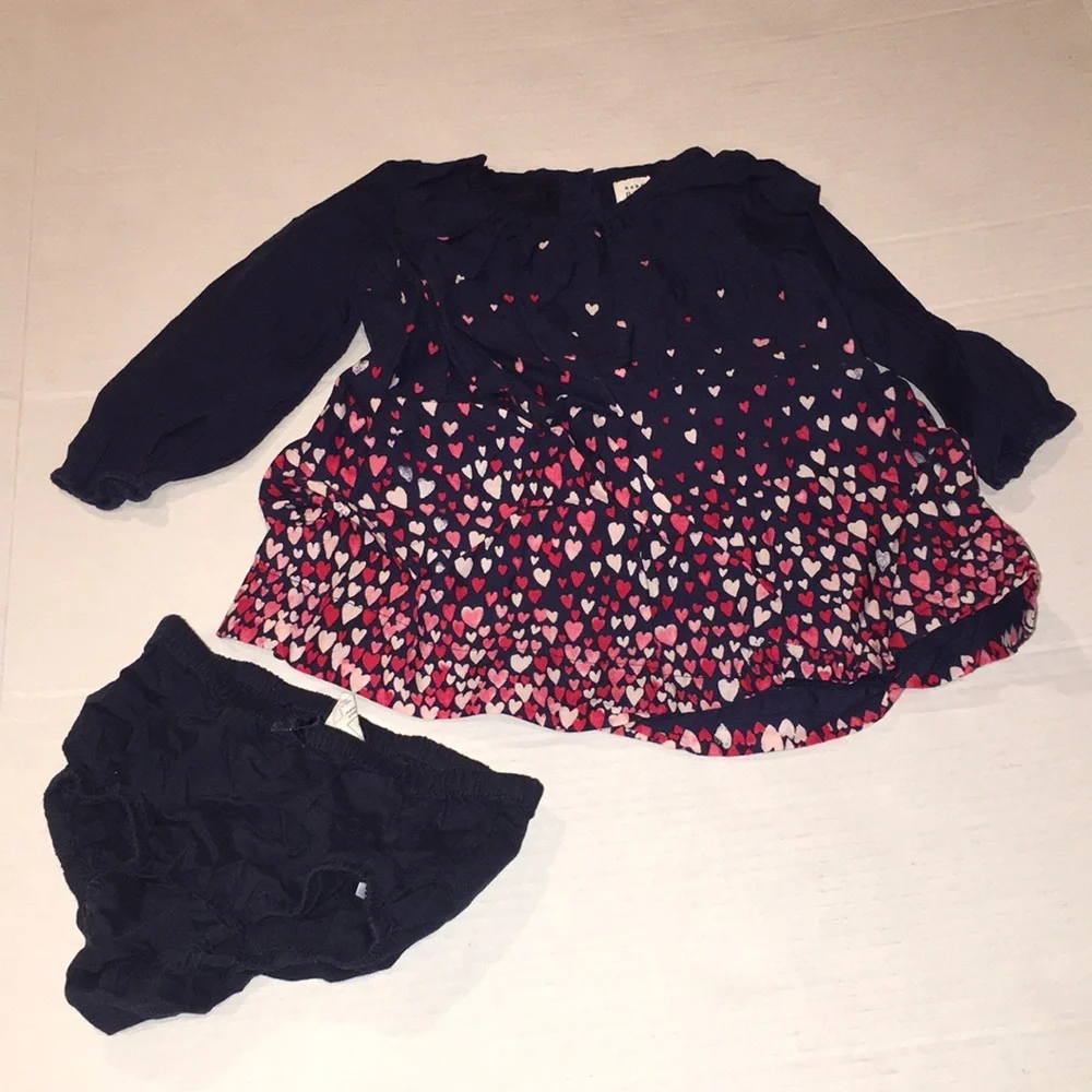 Baby Gap Navy Pink Hearts Long Sleeve Girls Dress With Bloomers Set | 12-18 M